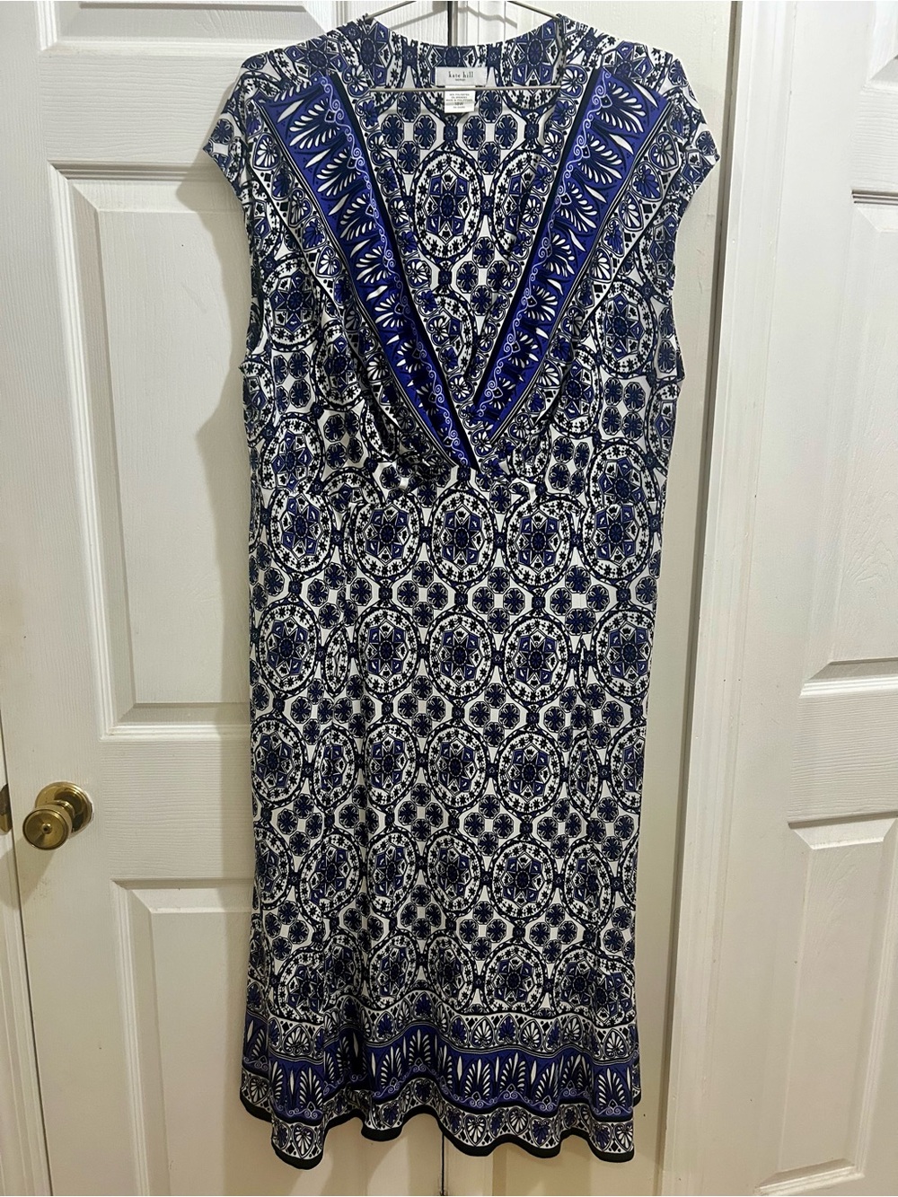 Kate Hill Blue, Black & White Printed V-Neck Midi Dress Women’s Plus Size 18W